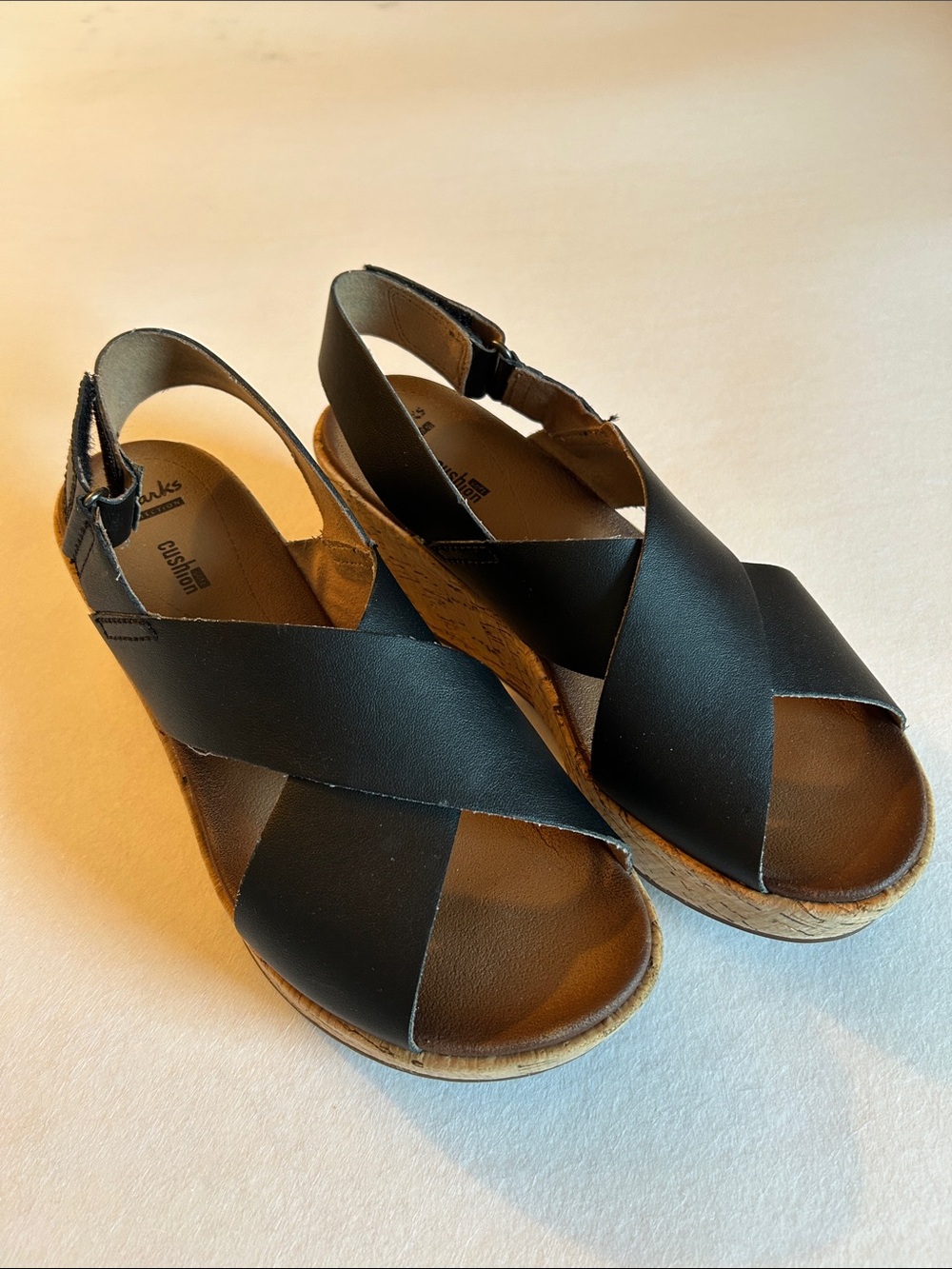 Clarks Black Leather Cross-Strap Cork-Style Wedge Sandals